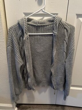 Cozy Light Gray Hooded Zip Cardigan Sweater
